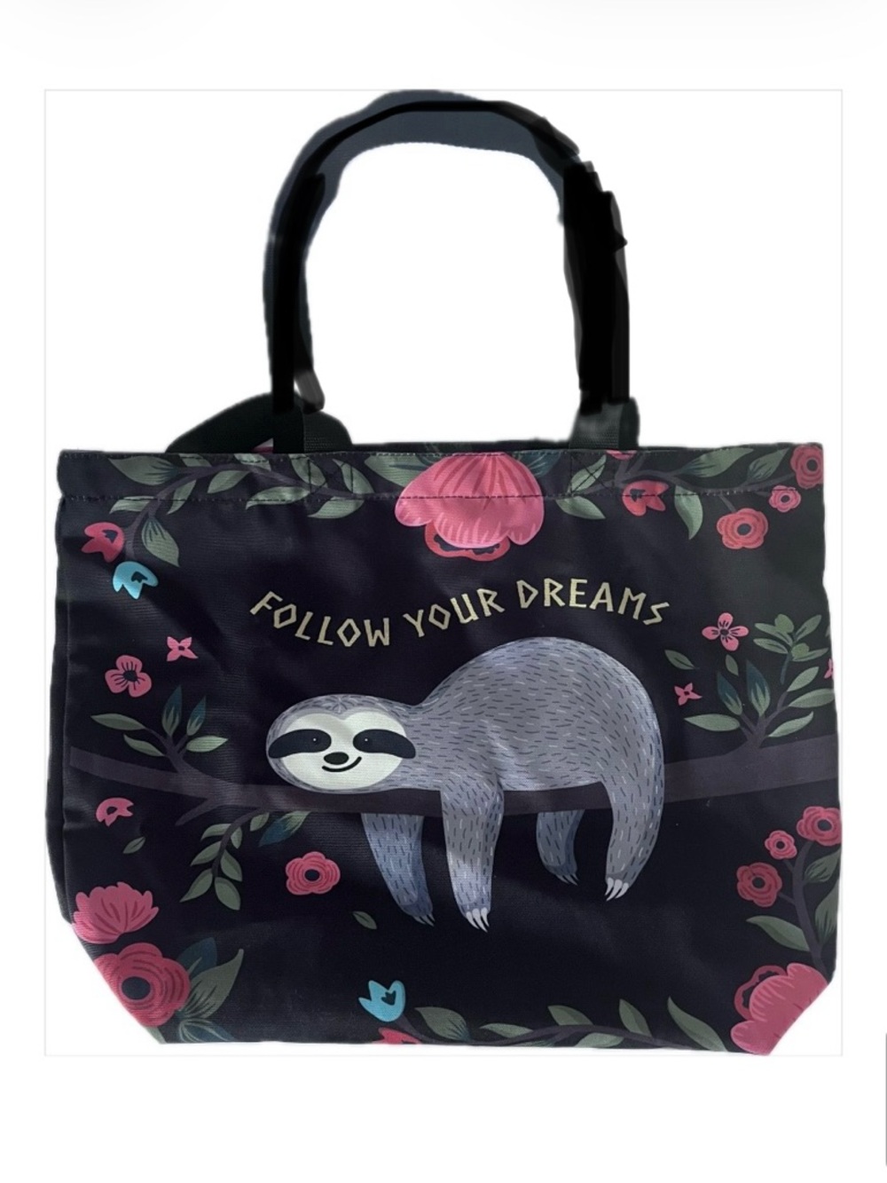 Follow Your Dreams Sloth Tote Bag in Black with Pink Floral Graphic NWT